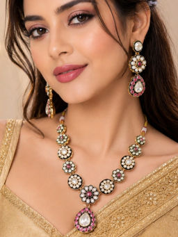 OOMPH - Gold Kundan Stones and Meenakari Jewellery Set