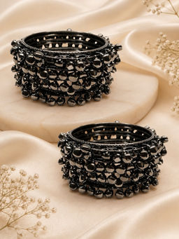 OOMPH - Black Silver Oxidised Ghungroo Kashmiri Bangle (Pack of 8) (2.6)