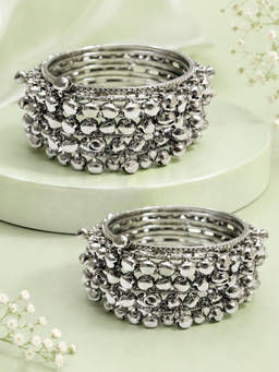 OOMPH - Oxidised Silver Ghungroo Kashmiri Bangle (Pack of 8) (2.6)