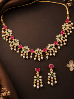 OOMPH - Ruby And Green Kempu Stones Delicate Floral Necklace Set