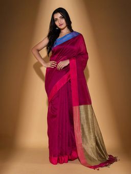 Beatitude - Pink Blended Cotton Woven Saree with Unstitched Blouse