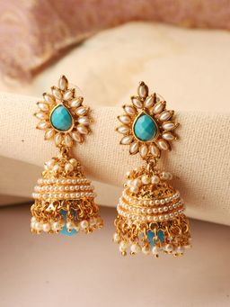 Anika's Creations - Elegant off White Pearl and Stone Designer Gold Plated Turquoise Drop Jhumka