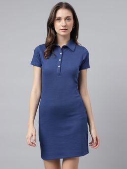 Xpose - Women Blue Solid Polo Neck T-Shirt Dress