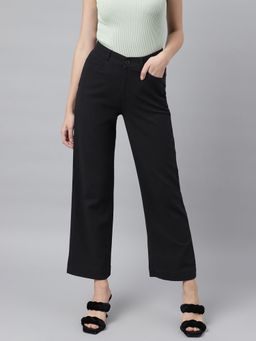 Xpose - Women Black Cotton Textured Parallel Trousers