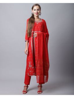 Rajnandini - Rayon Slub Jaipuri Printed A-line Anarkali Kurta With Dupatta - Red (Set of 3)
