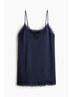 H&M - Women Navy Blue Lace-Trimmed Satin Nightslip