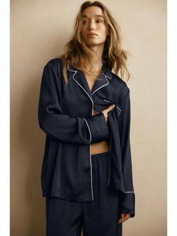 H&M - Women Navy Blue Satin Shirt & Pyjama