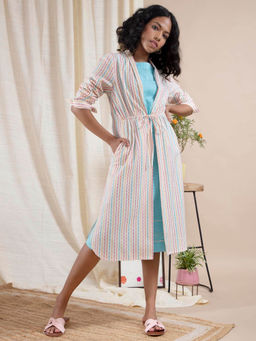 Pink Fort - Striped Drawstring Cotton Shrug - Multicoloured