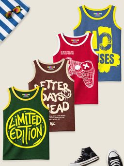 Kuchipoo - Boys Multi-Color Regular Fit Sleeveless Cotton T-shirts (Pack of 4)