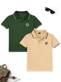 Kuchipoo - Boys Green and Beige Cotton Polo T-shirts (Pack of 2)