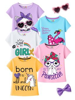 Kuchipoo - Girls Multi-Color Regular Fit Cotton T-shirts (Pack of 5)