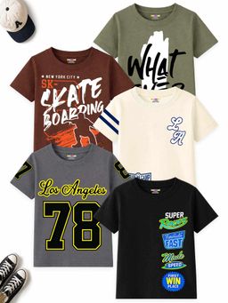 Kuchipoo - Boys Multi-Color Regular Fit Printed Cotton T-shirts (Pack of 5)