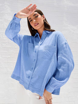 Styli - Womens Blue Drop Shoulder Crepe Oversized Shirt with Patch Pocket