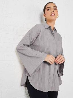 Styli Elevate - Womens Grey Flare Sleeve Crepe Oversized Longline Shirt