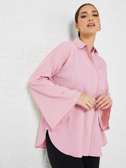 Styli Elevate - Womens Pink Textured Oversized Drop Shoulder Long Length Shirt