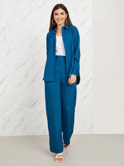 Styli Elevate - Womens Navy Blue Oversized Textured Shirt & Pants Co-Ord (Set of 2)