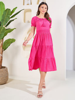 Styli - Womens Pink Textured Print Tie Up Neck Tiered Midi Dress