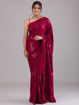 Koskii - Maroon Sequin Art Silk Saree With Unstitched Blouse
