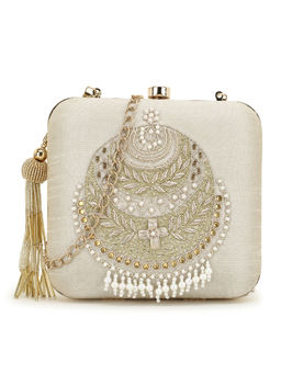 Anekaant - Vista Off White and Gold Embellished Faux Silk Clutch