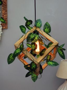 Homesake - Hanging Pendant Plant Light Leafy Cube Wood