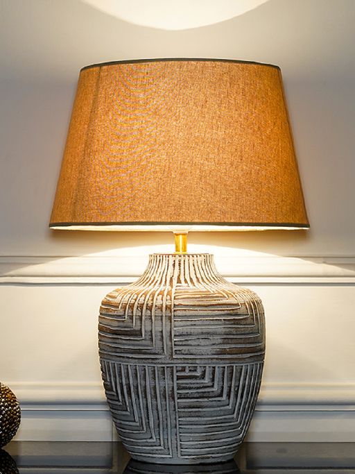 Kapoor Lamp Shades Cumberland Natural Carved Wood Table Lamp with Beige Cotton Shade