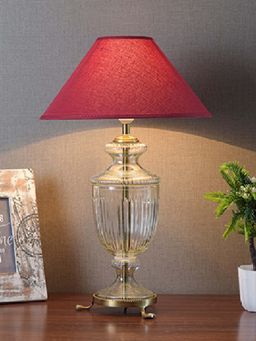 Kapoor Lamp Shades - Oleana Hand Cut Glass and Brass Casted Base Table Lamp with Maroon Cotton Shade