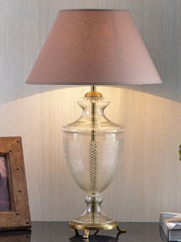 Kapoor Lamp Shades - Mystic Hand Cut Glass and Brass Casted Base Table Lamp with Beige Cotton Shade