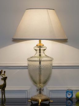 Kapoor Lamp Shades - Mystic Hand Cut Glass and Brass Casted Base Table Lamp Cotton Shade