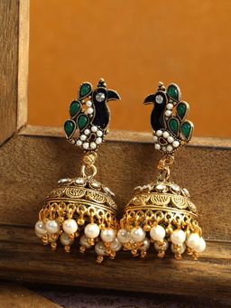 Anika's Creations - Gold Plated Dark Green Stone Studded Peacock Jhumka