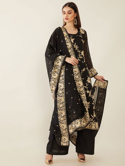 Soch - Black Machine Embroidery Organza Unstitched Dress Material - 3 Meter Kurta Fabric