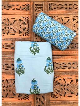 Palash - Hand Block Printed Cotton Top and Bottom Fabric - Blue (Set of 2)