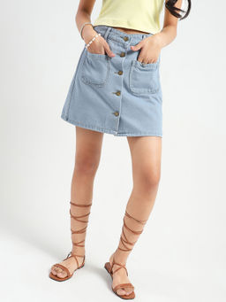 Sera - Blue Button Front Mini Denim Skirt