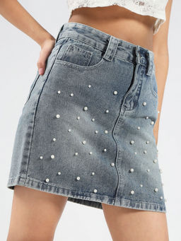 Sera - Blue Embellished Mini Denim Skirt