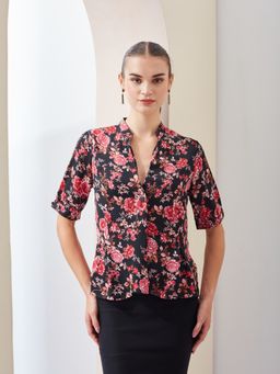 Latin Quarters - Black Mandarin Collar Casual Regular Top