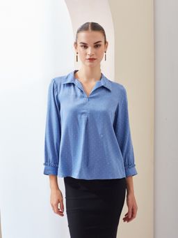 Latin Quarters - Blue Solid Spread Collar Casual Regular Top