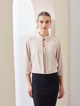 Latin Quarters - Beige Solid Collared Casual Top