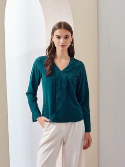 Latin Quarters - Teal Solid Long Sleeve Casual Regular Top