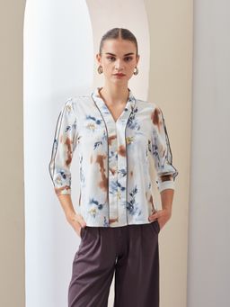 Latin Quarters - Off White Printed Mandarin Collar Casual Regular Top