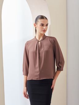 Latin Quarters - Brown Solid Mandarin Collar Casual Regular Top