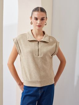 Latin Quarters - Beige Solid Collared Casual Regular Top