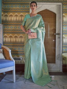 Akhilam - Women Silk Blend Sea Green Woven Design Handloom Saree with Unstitched Blouse