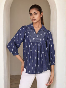 Dora Dori - Navy Blue Embroidered Denim Top