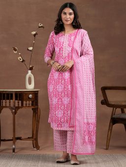 Libas - Pink Floral Printed Straight Kurta and Pant with Dupatta (Set of 3)
