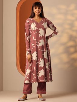 Libas - Brown Floral Printed A-Line Kurta with Pant (Set of 2)