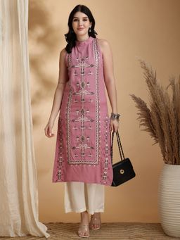 Tikhi Imli - Candy Floss Pink Rayon with Full Embroidered Straight Cut Kurta and Pant (Set of 2)