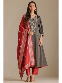 Soch - Womens Charcoal Muslin Embroidered Kurta and Pant with Dupatta (Set of 3)