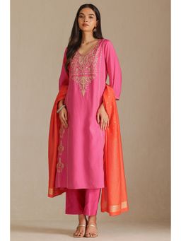 Soch - Womens Pink Muslin Embroidered Kurta and Pant with Dupatta (Set of 3)