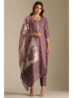 Soch - Womens Purple Silk Blend Bandhani Printed Kurta and Pant with Dupatta (Set of 3)