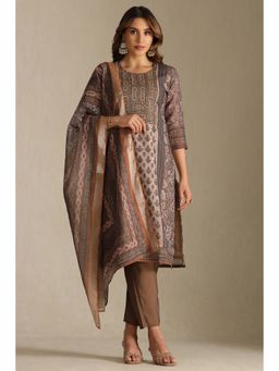 Soch - Womens Brown Linen Floral Printed Kurta and Pant with Dupatta (Set of 3)