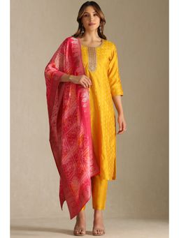 Soch - Womens Mustard Chanderi Woven Design Kurta and Pant with Dupatta (Set of 3)